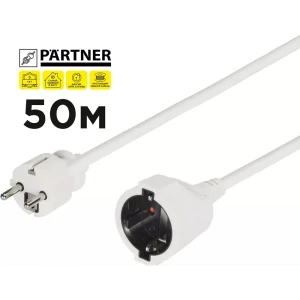 90566388 Удлинитель-шнур Partner УШ0002 1 розетка с заземлением 3x1 мм 50 м 2200 Вт цвет белый STLM-1118817