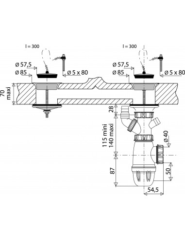 770600 000 00  Полный комплект для мойки с 2 сообщающимися баками, Д. 60 мм, нержавеющая сталь, сертифицирован NF Valentin Сталь  - Вид №2