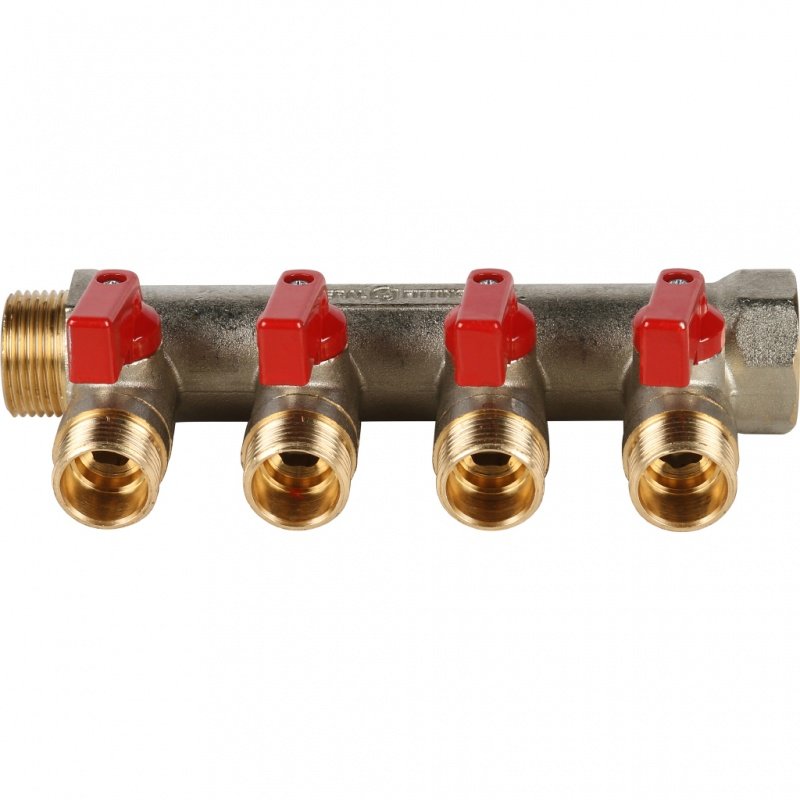 Коллектор с шаровыми кранами 3/4" STOUT 4 выхода 1/2", красные ручки SMB6200341204 - Вид №2