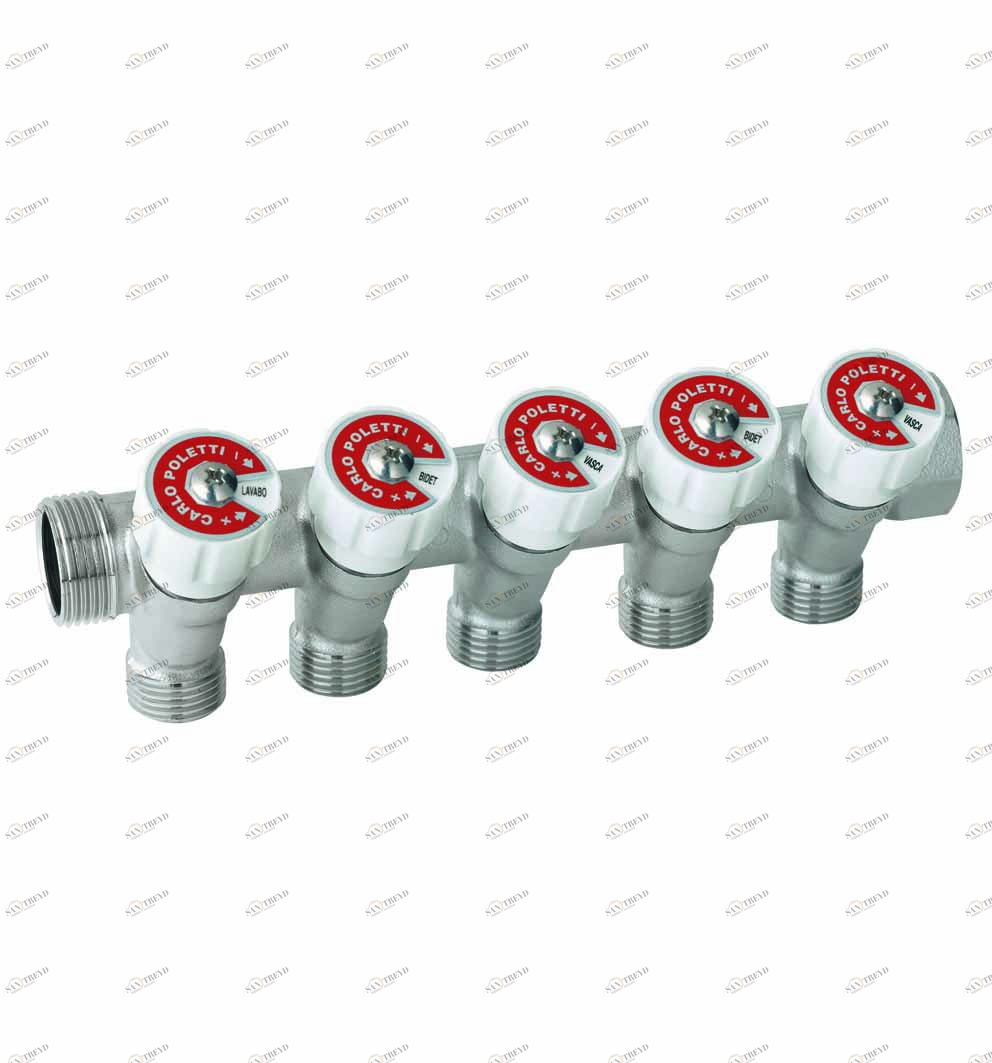 Carlo Poletti C52510QBI35 Коллектор сборный, с регулировочным клапаном. Ручка белая с идентификационными пластинками красный/синий. 5 ответвлений, межосевое расстояние 35 мм 