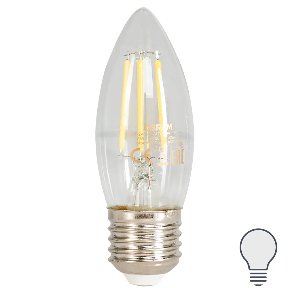 Лампа светодиодная Osram E27 220 В 5 Вт свеча прозрачная 660 лм белый свет STLM-2100084