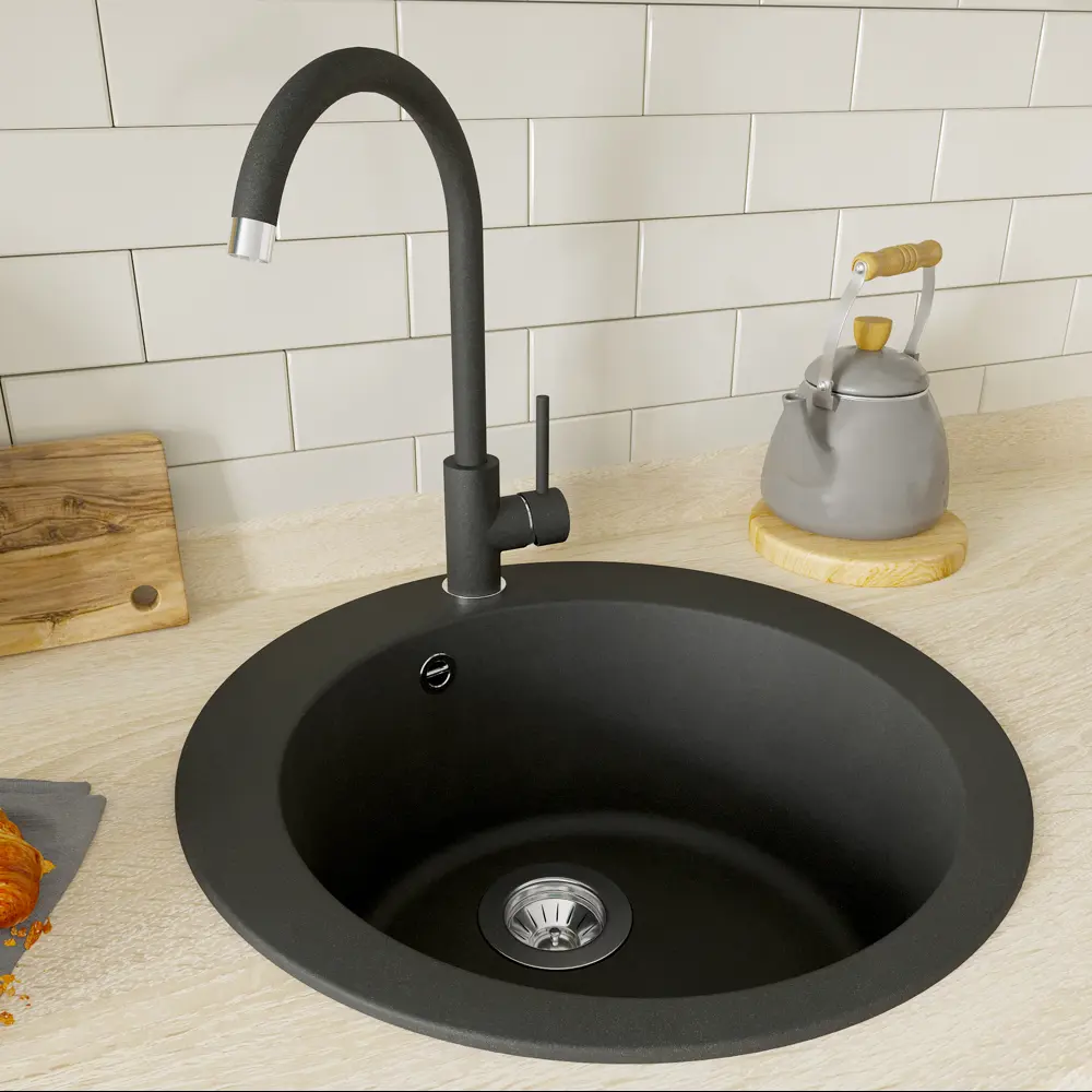 Кухонная мойка GRANFEST Quarz GF-Z-08 чёрная круглая 85226449 STLM-0060142