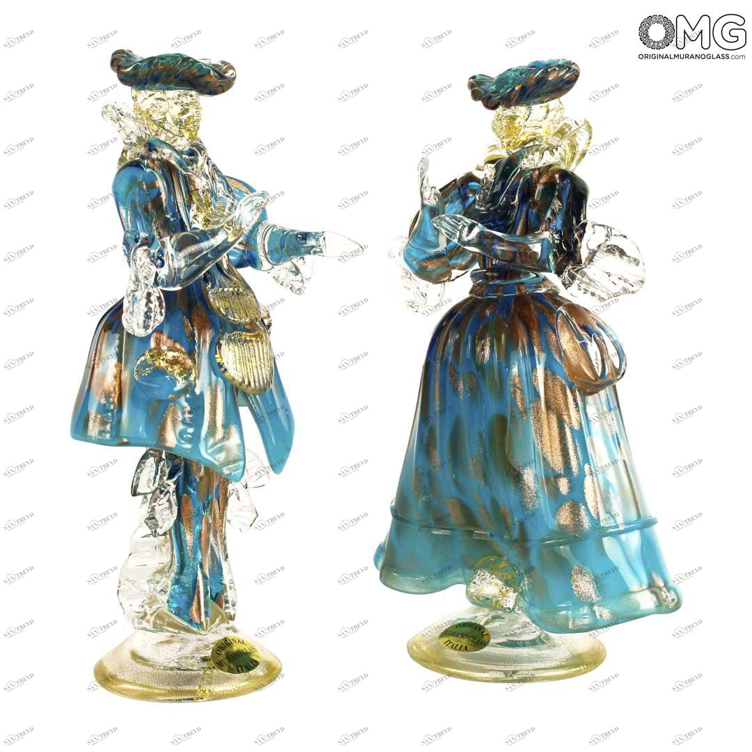 4637 ORIGINALMURANOGLASS Статуэтки в стиле Голдони - Венецианская пара - голубые с золотом - муранское стекло OMG 13 см 