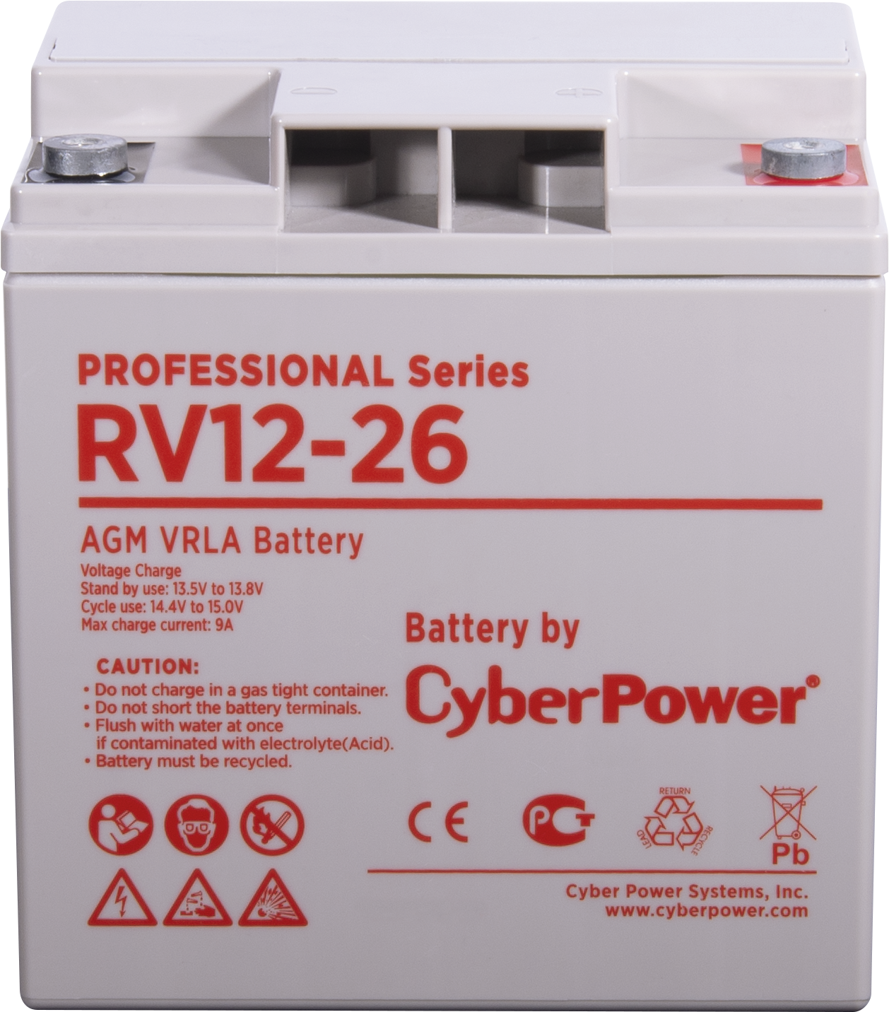 RV 12-26 Battery professional series , voltage 12v, capacity (discharge 20 h) 30.4ah, capacity (discharge 10 h) 30ah, max. discharge current (5 sec) 600a, max. charge current 9a, lead-acid type agm, terminals under bolt m6, lxwxh 166x128x175mm., full heig Santreyd  - Вид №1