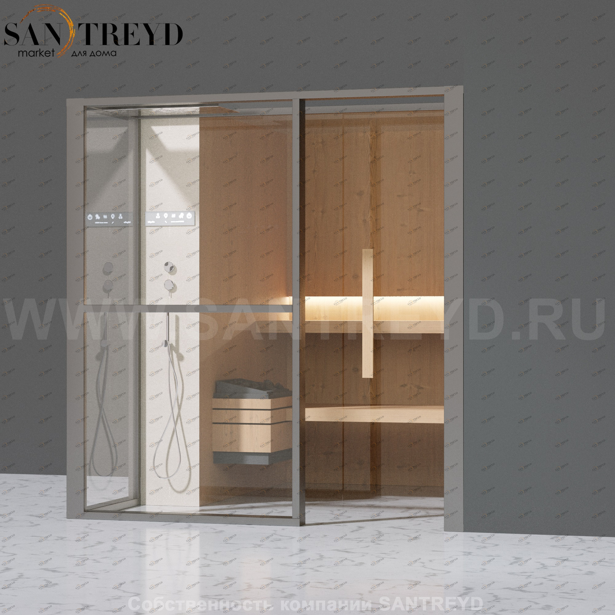 Effegibi LOGICAFILO S LO21010008 Сауна. Установка: в правый угол. Левая дверь. Мощность: 6 кВт макс. Размеры: длина 214 см, ширина 250 см. Отделка: канадский хемлок, матовый лакированный серый аллюминий и бежевый ламинат из керамогранита.