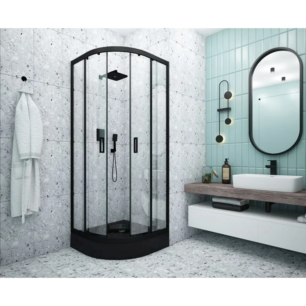 МЕТАКАМ Душевой уголок черный с прозрачным стеклом 80×80 см 89361545 Полукруг STLM-1444122