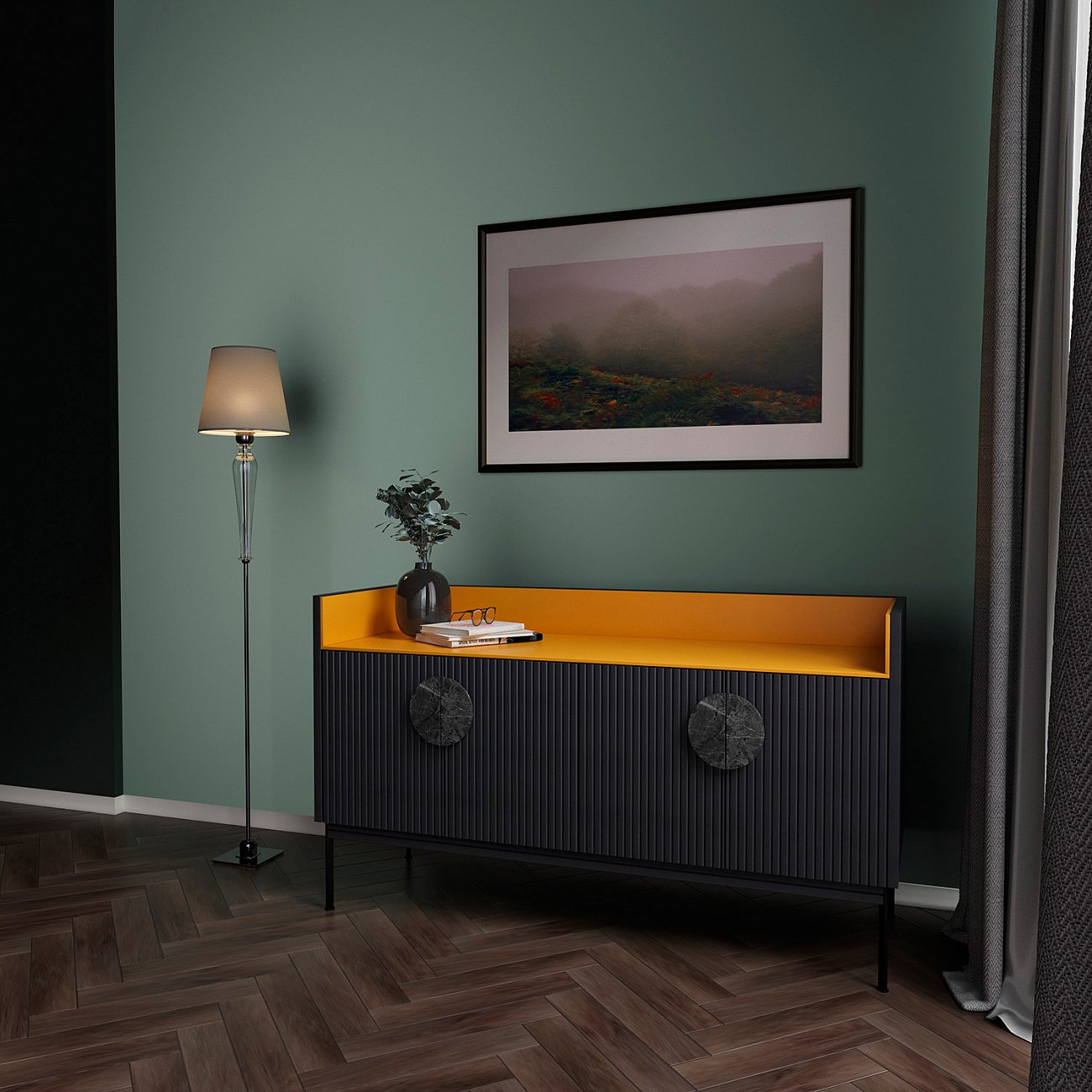 Комод низкий с металлическими ножками черный Alto Yellow BRAGIN DESIGN ДИЗАЙНЕРСКИЕ, LIVING 00-3862444 Желтый;черный  - Вид №1