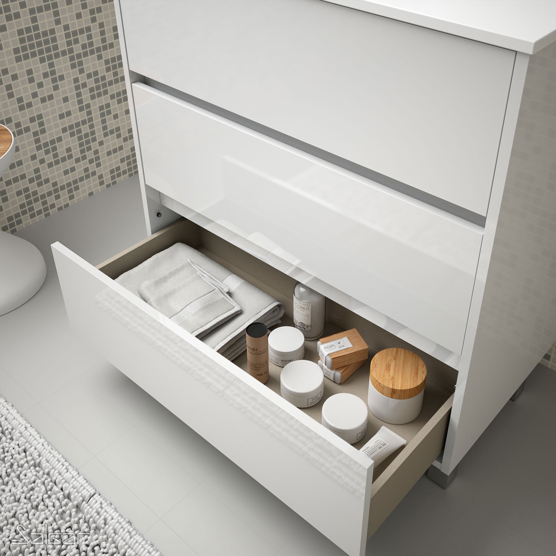 85109 SALGAR Комплект мебели для ванной ARENYS 800 WHITE GLOSS LACQUERED + Раковина + Зеркало + Свет Глянцевый белый - Вид №1