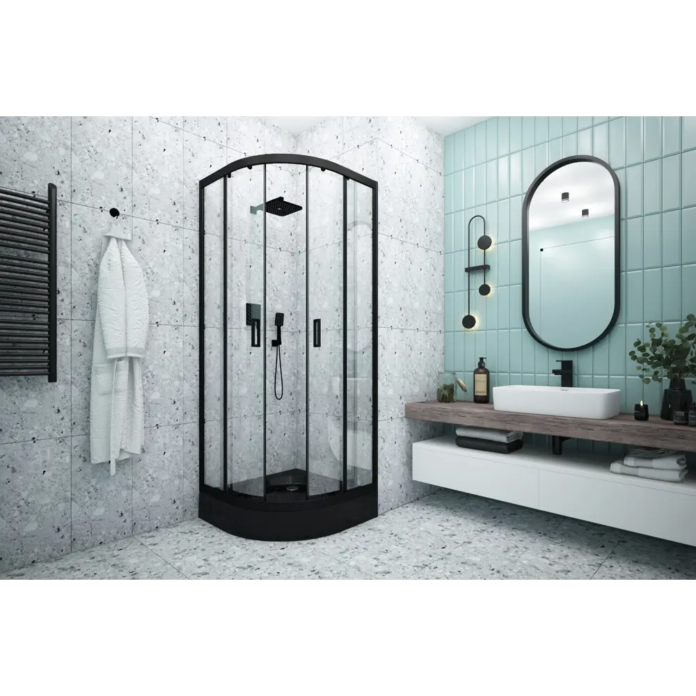 МЕТАКАМ Душевой уголок черный с прозрачным стеклом 80×80 см 89361545 Полукруг STLM-1444122 - Вид №8