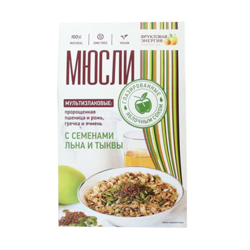 Мюсли мультизлаковые с пророщенной пшеницей семенами льна и тыквы Фруктовая Энергия 310 г Santreyd 13361