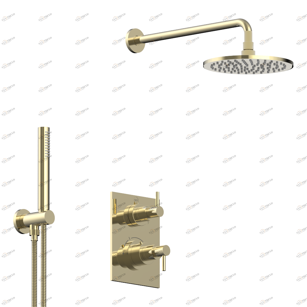 G5A-5500DM Встраиваемый термостатический смеситель в комплекте с выходом из стены, шлангом, ручным душем, держателем 350 мм и лейкой с системой Easyclean Ø 200 мм Thg-paris Nano Светлое золото G5A 5500DM CAT.F