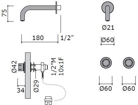 MINA Смеситель для умывальника настенный из нержавеющей стали с 3 отверстиями Synth 4618 - Вид №1