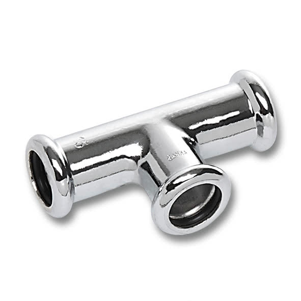 116130151215 SANHA 16130 пресс-фитинг, медь, тройник ВПр, хром. 15x12x15 мм  - Вид №1