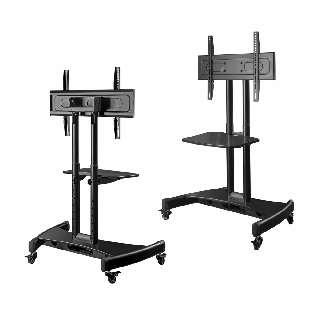 TS1330 BLACK Мобильная стойка на 1 для тв и сенсорных панелей/ 32-65" от 200х200 до 400х600 наклон 0-90º макс нагр 60кг высота 700-1200мм, кабель-канал, регулировка полки по высоте, колесики с блокировкой, размер основания: 840х550 мм, черная ONKRON Santreyd  - Вид №4