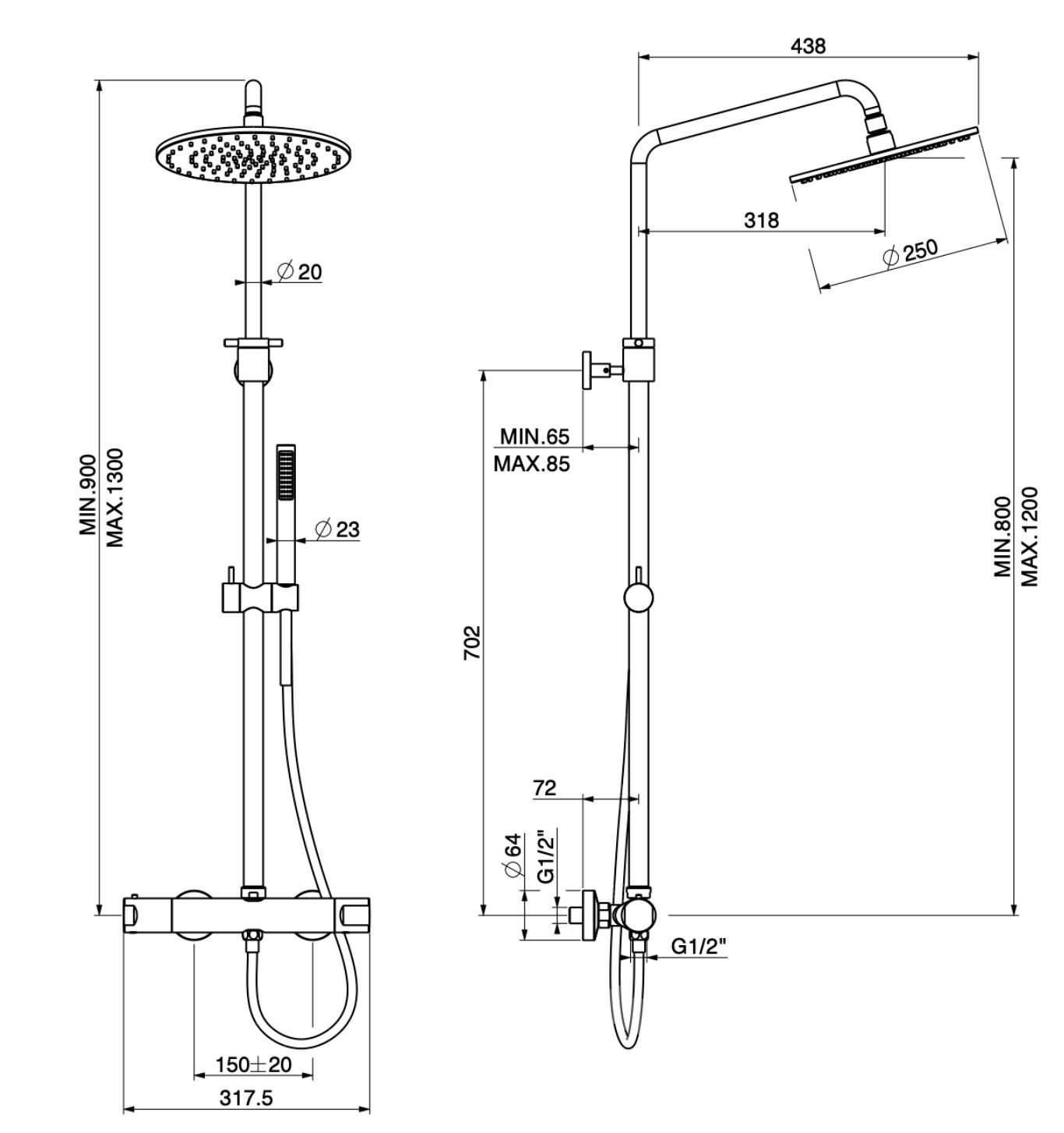 Настенная термостатическая душевая колонна с ручным душем GATTONI H20MIX 7000 ARCH-00020306 - Вид №1