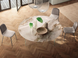 Круглый стол со стеклянным основанием и столешницей из XGlass с мраморным эффектом