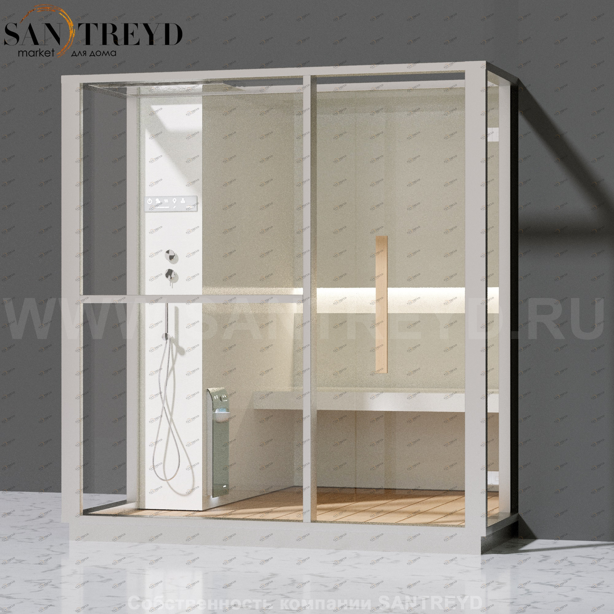 Effegibi LOGICA H LO30020016 Хаммам. Установка: в правый  полуугол. Левая дверь. Мощность: 4,5 кВт макс. Размеры: длина 214 см, ширина 250 см. Отделка: матовый лакированный белый аллюминий и серый ламинат из керамогранита.