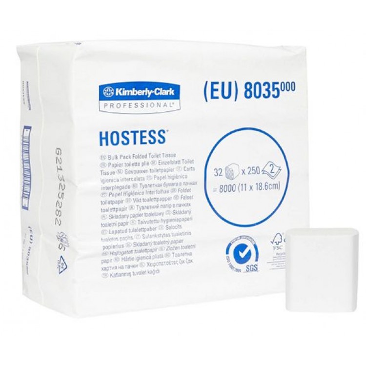 8035 Kimberly Clark Туалетная бумага листовая Kimberly-Clark HOSTESS 8035 2-слойная 32 пачки по 250 листов 
