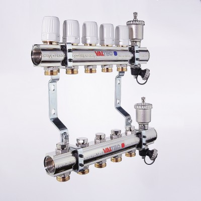 VTc.594.EMNX.0609 Коллекторный блок латунный c термостатическими и балансировочными клапанами Valtec 1", 9 x 3/4", "евроконус"  - Вид №3