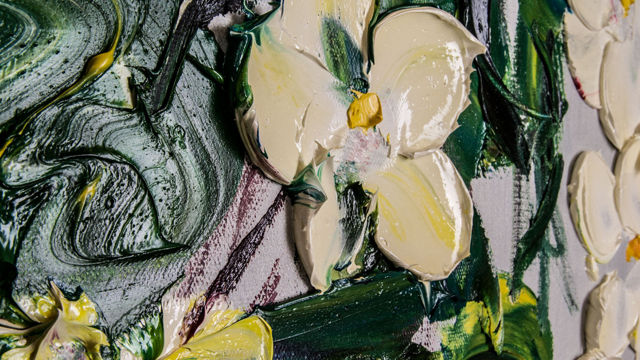 Картина на холсте 100х100 см "Цветы в саду" EVENHOME КАРТИНЫ МАСЛОМ 130028 Белый;зеленый;синий;разноцветный  - Вид №4