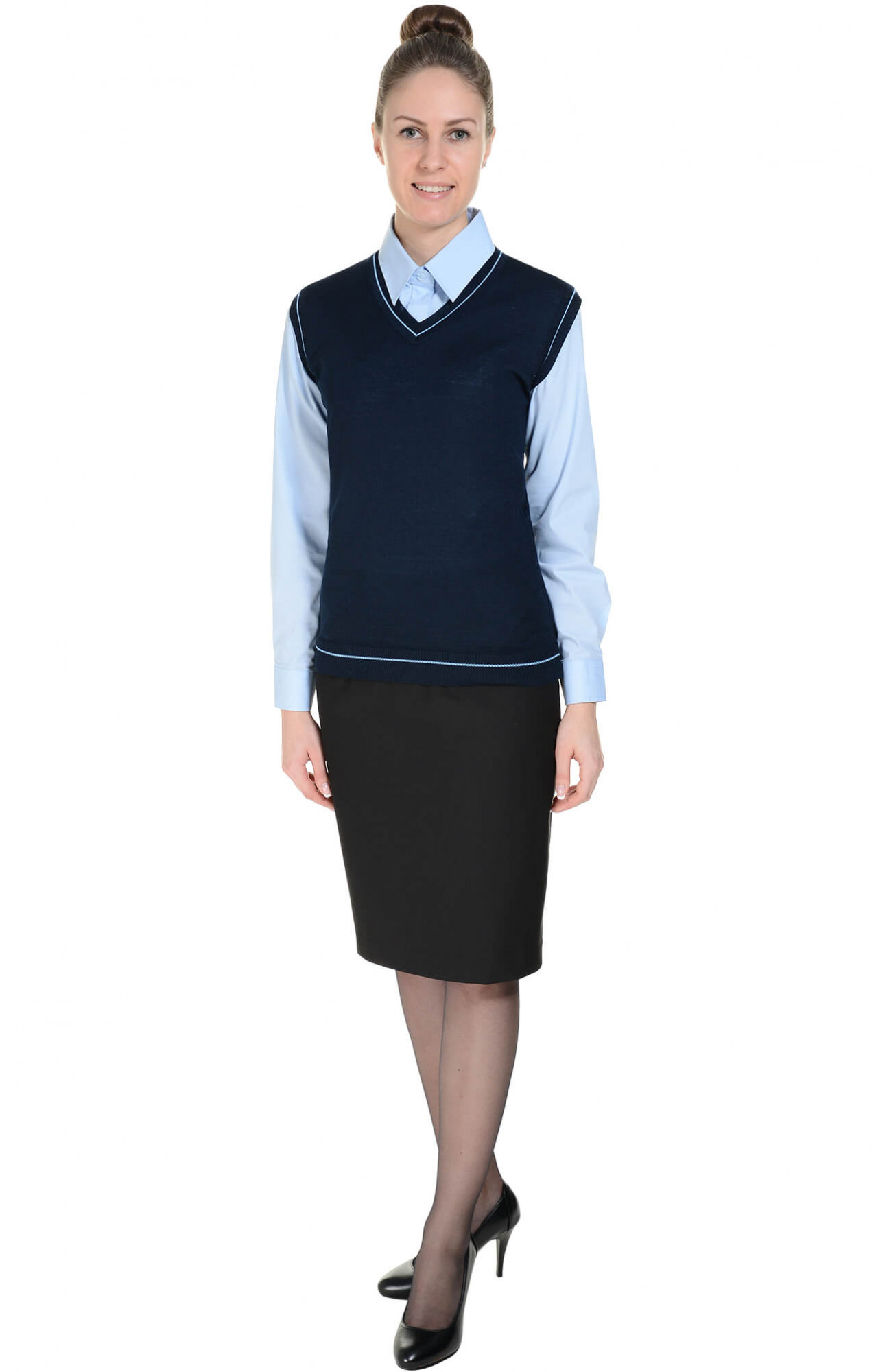 62524 Жилет трикотажный женский темно-синий с голубым  Одежда для официантов  размер 44-46 Спецодежда 
