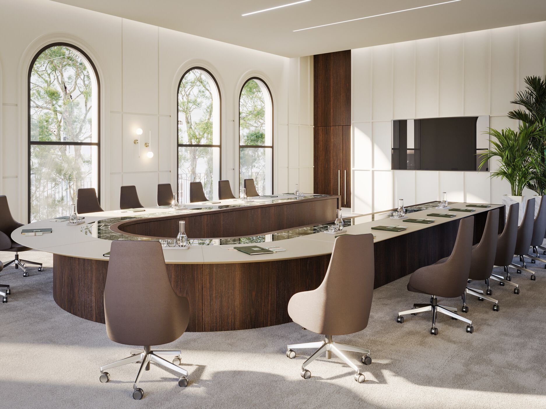 Стол для совещаний с деревянным шпоном и стеклянной и кожаной столешницей PROF Bespoke ARCH-00128249