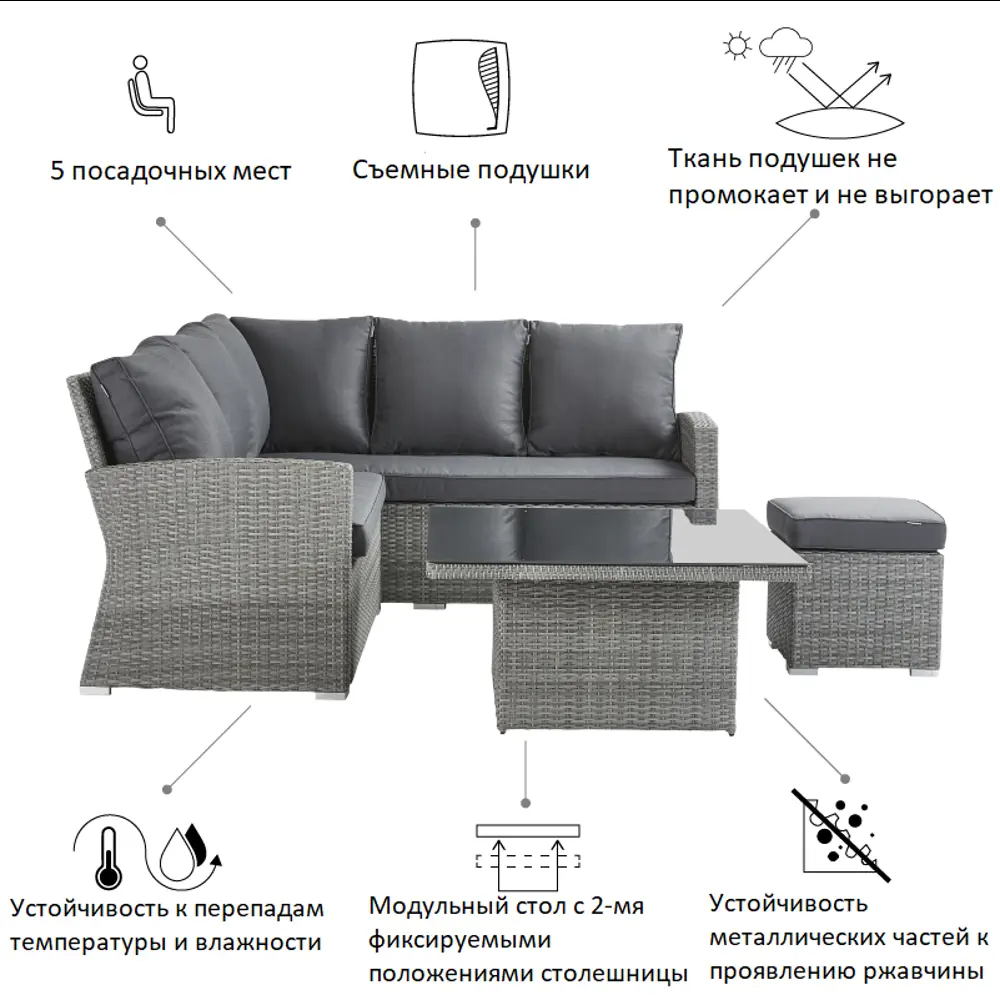 Набор садовой мебели Naterial Davos угловой алюминий/стекло серый: диван, стол и пуф STLM-2088703 - Вид №19