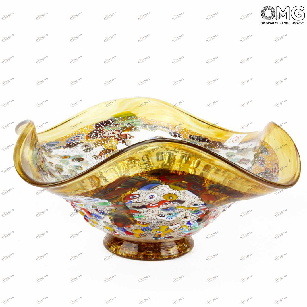 2169 ORIGINALMURANOGLASS Декоративная чаша янтарного цвета с мурринами - муранское стекло 26 см 