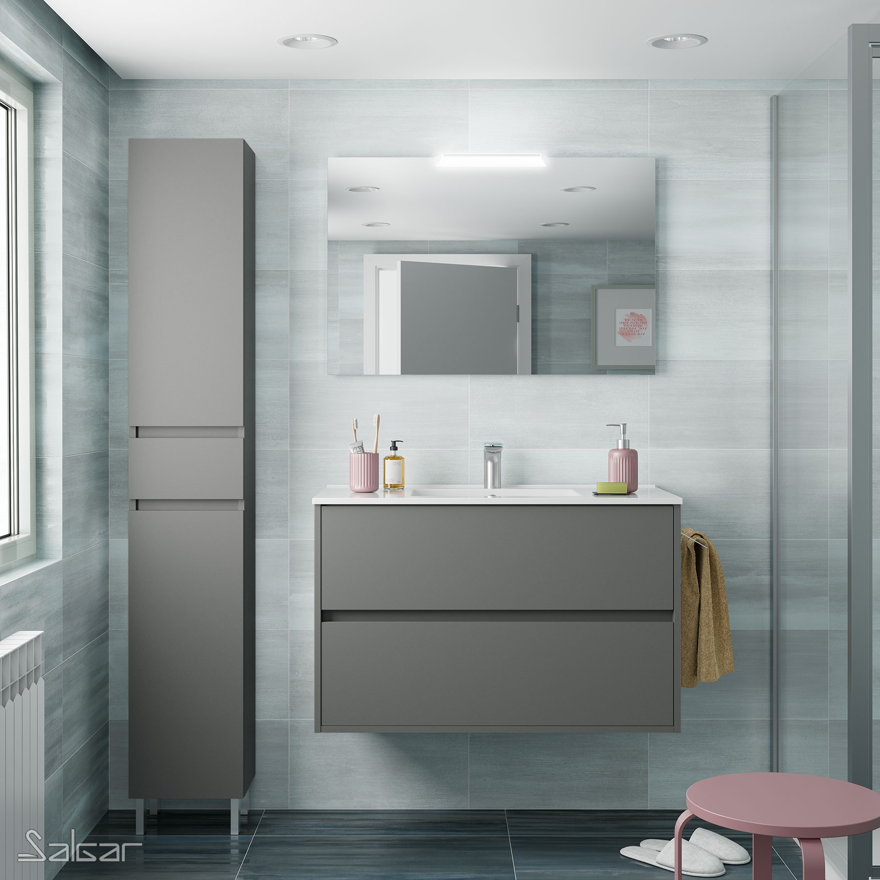 85079 SALGAR Комплект мебели для ванной NOJA 1000 MATT GREY + Раковина + Зеркало + Свет Мэтт Грей