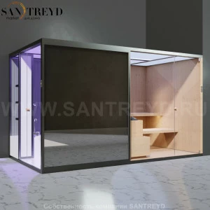 Effegibi BODYLOVE SH BL45140003 Боковая комбинированная баня: хаммам и сауна. Установка: в правый угол. Мощность: 15 кВт макс. Размеры: длина 393 см, ширина 176 см. Отделка: канадский хемлок, трубчатое стекло и зеркало.