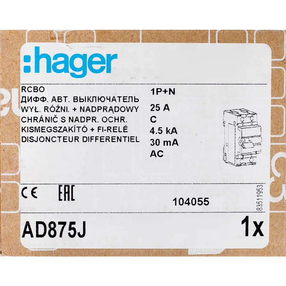 Дифференциальный автомат Hager AD875J 1P N C25 A 30 мА 4.5 кА AC STLM-2009502 - Вид №5
