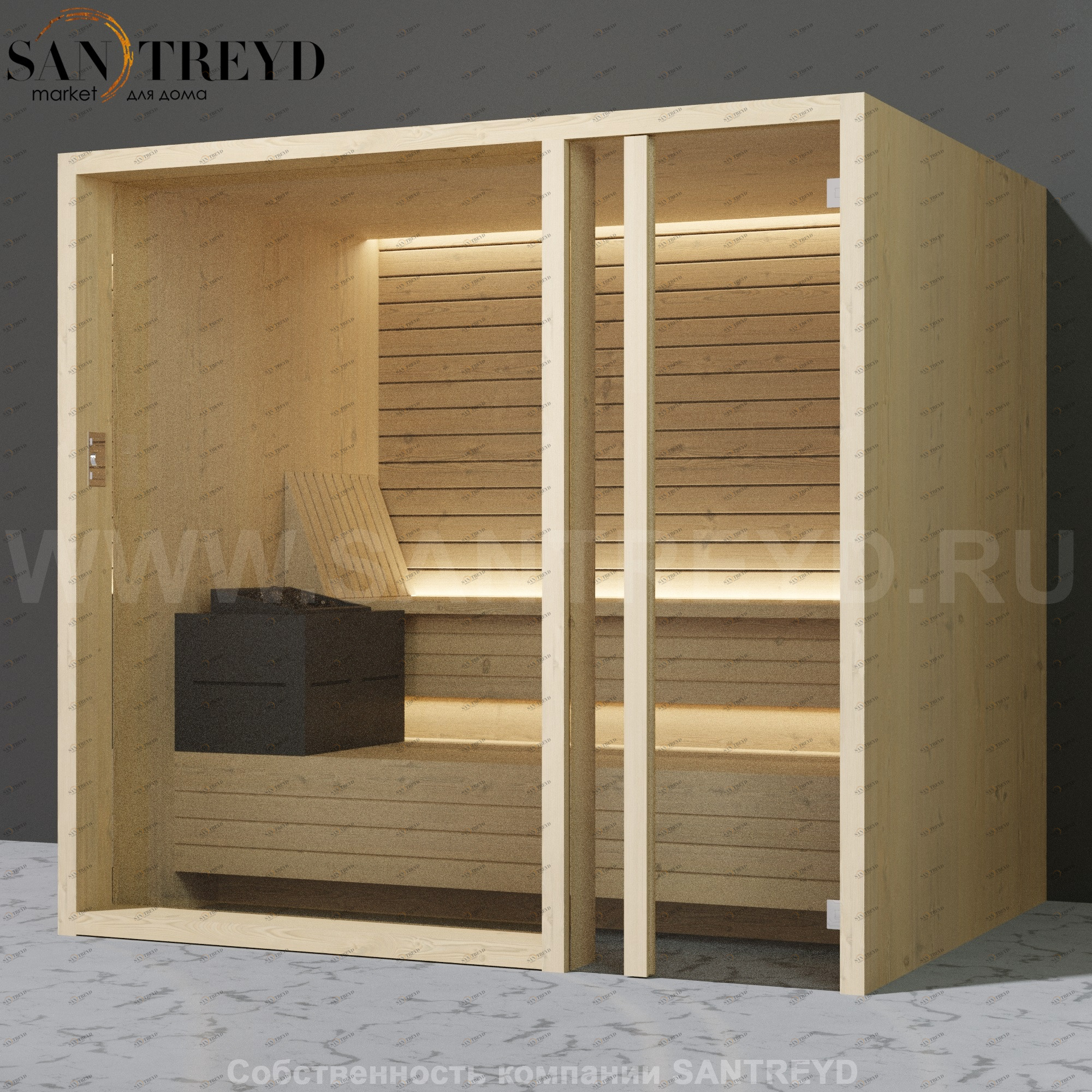 Effegibi YOKU.G105 SA.70300003 Сауна с правой дверью. Мощность: 10,5 кВт макс. Размеры: длина 230 см, ширина 200 см. Отделка: осина термообработанная SA70300003