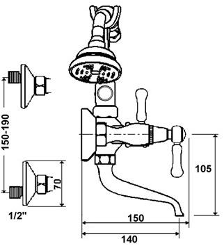 rvb Смеситель для ванны настенный с ручным душем на 2 отверстия 1935 limoges 1935.--.69 - Вид №1