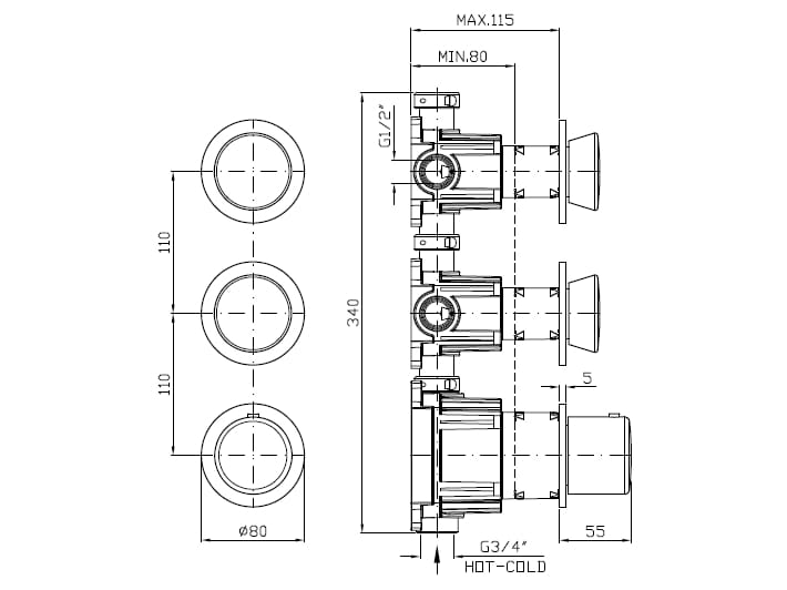 Нержавеющая сталь термостатический встраиваемый смеситель для душа с 3 отверстиями Zucchetti Sablier ARCH-00115114 - Вид №1