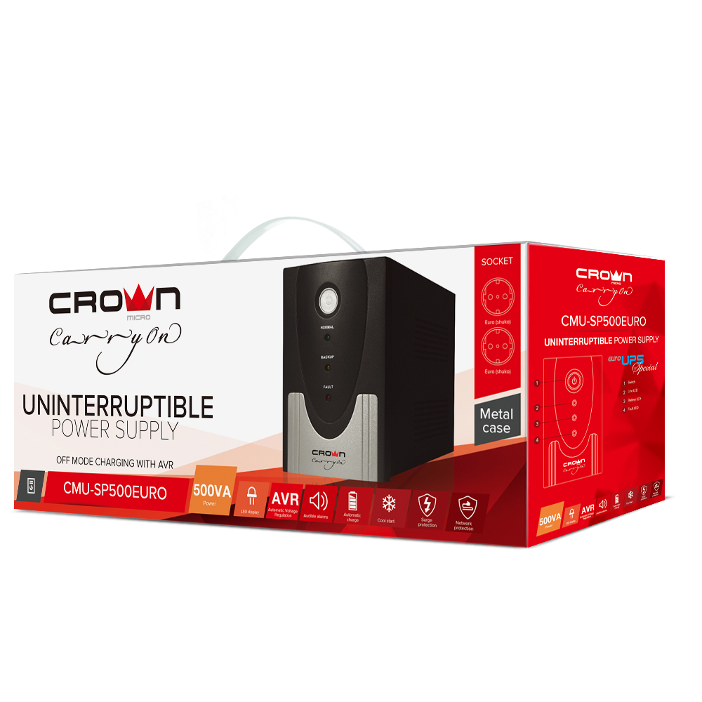 CMU-SP500EURO Ибп 500va/300w, металл, 1x12v/4.5ah, розетки 2*euro, трансформатор avr 140-290v, встроенный кабель 1.5 м, фильтр телефонной и ethernet линии rj-11 и rj-45, защита батареи, от перегрузки, от кз Crown Santreyd  - Вид №2