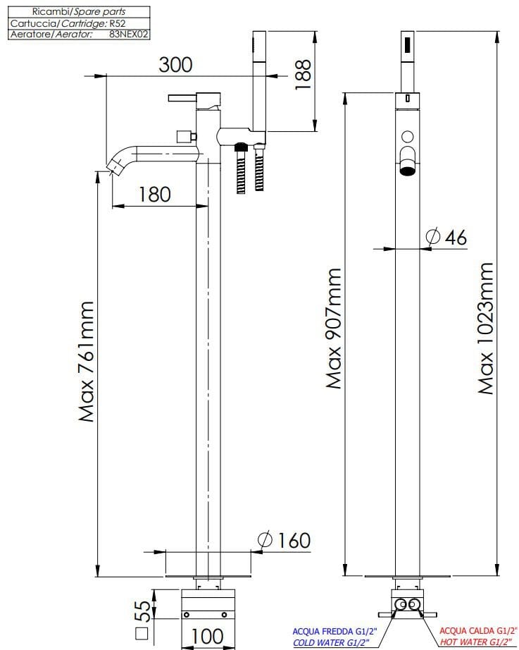 Однорычажный смеситель для ванны с ручным душем Remer Rubinetterie метрическая ARCH-00096669 - Вид №2