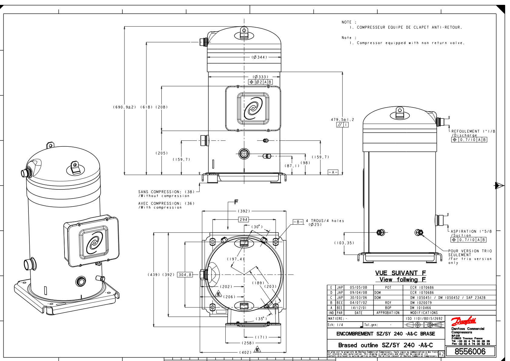 Danfoss SY — Герметичные спиральные компрессоры, R22, R134a, R407C SY240A4PBI Компрессор спиральный SY240A4PBI  - Вид №12
