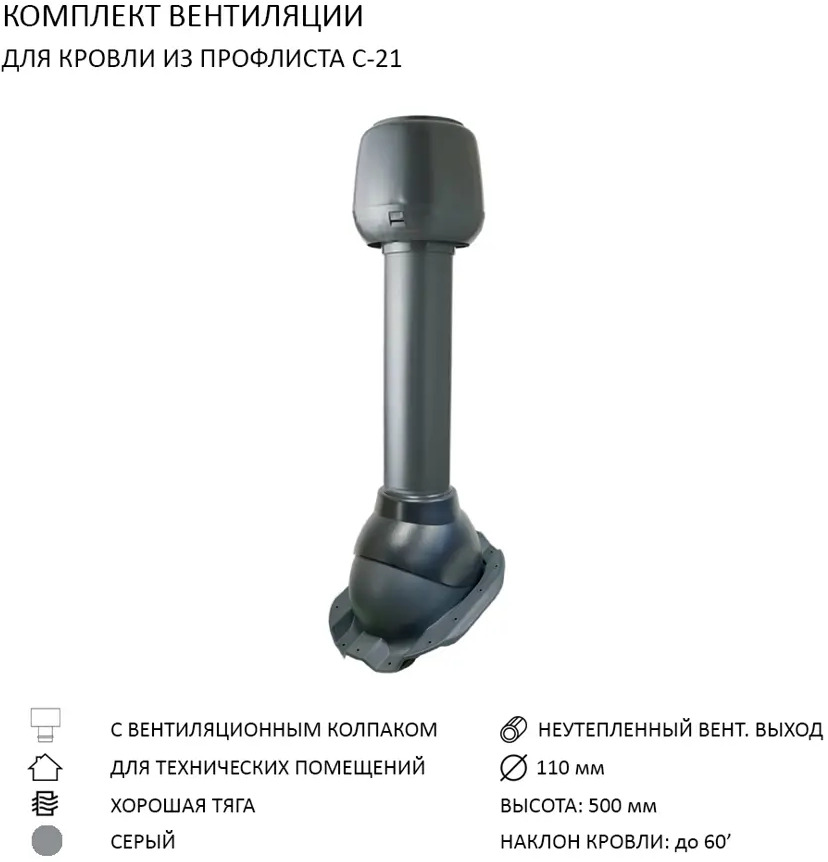91099128 Колпак Polivent D110 с вентиляционным выходом 110 для кровельного профнастила С-21 мм цвет серый STLM-0483738