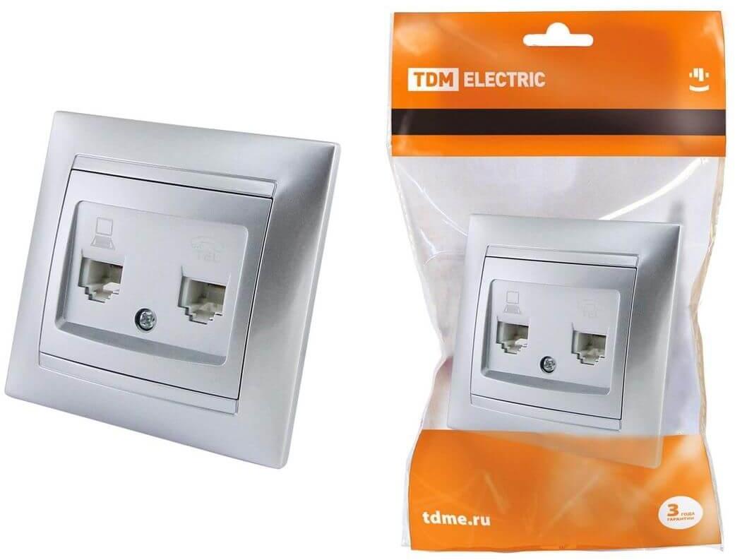 SQ1815-0219 Розетка компьютерная RJ45/телефонная RJ11 серебристый металлик TDM Electric Лама