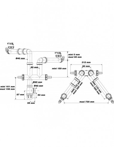 780500 001 00  Соединительная трубка для мойки с 2 чашами, двухкомпонентная, Д. 40 мм, NF, двухкомпонентная Valentin Белый  - Вид №5