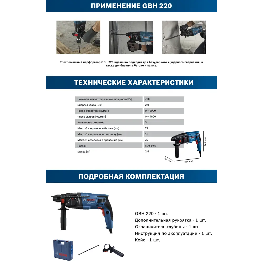 Перфоратор SDS-plus Bosch GBH 220 Professional 720 Вт, 06112A6020, 2 Дж BOSCH PROFESSIONAL STLM-2061570 - Вид №3