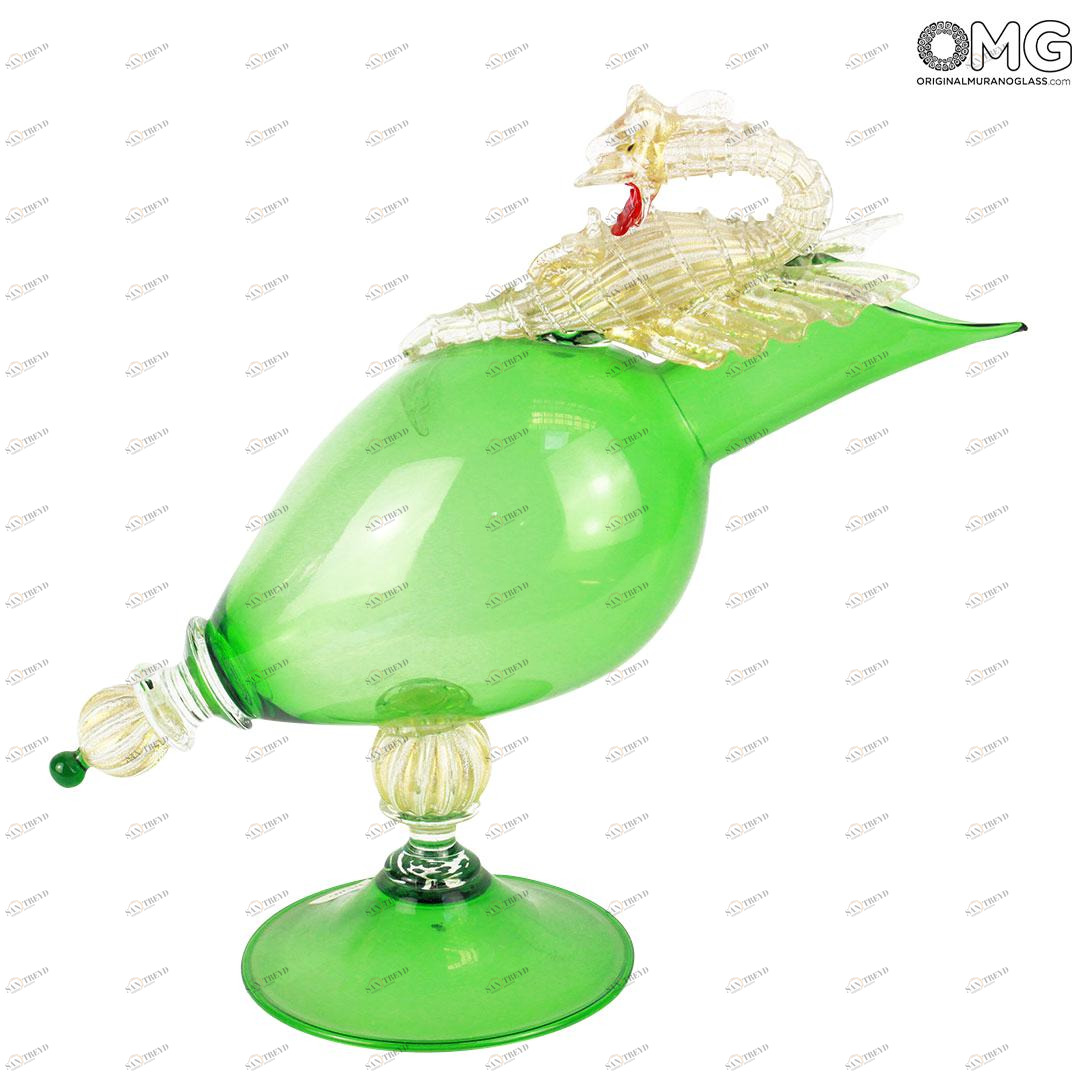 1381 ORIGINALMURANOGLASS Зеленый бокал с Драконом - Calice verde con Drago - муранское стекло  см 