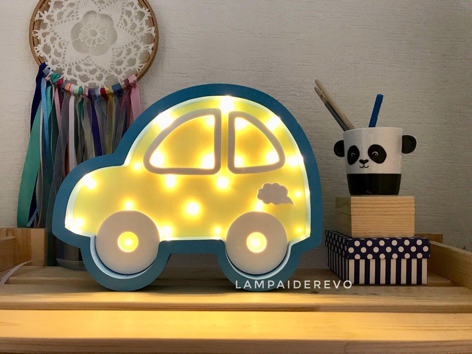 Ночник деревянный 30 см желто-голубой "Машина" LAMPA I DEREVO  00-3880202 Желтый;голубой Santreyd  - Вид №1