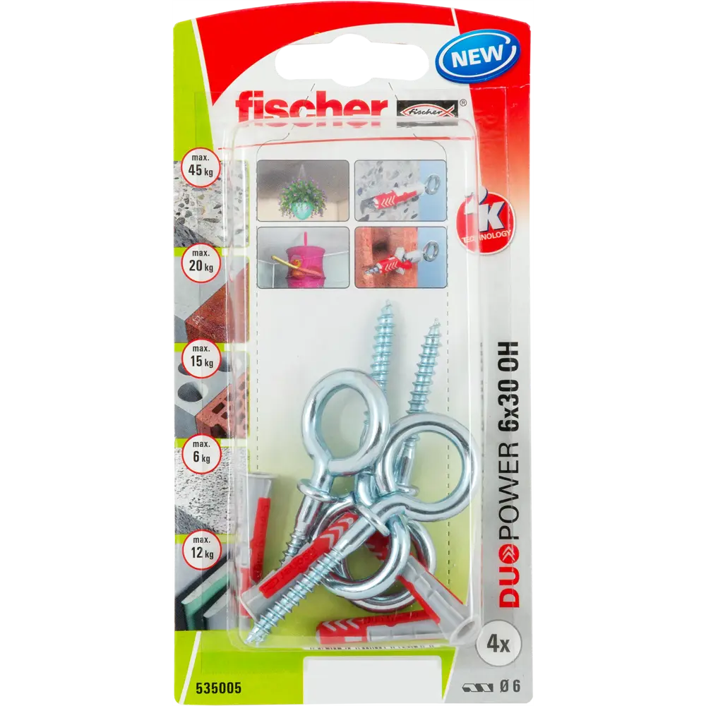 Дюбель для всех типов стен Duopower 6x30 мм крюк-кольцо цвет серый/красный 4 шт FISCHER STLM-2127380 - Вид №2