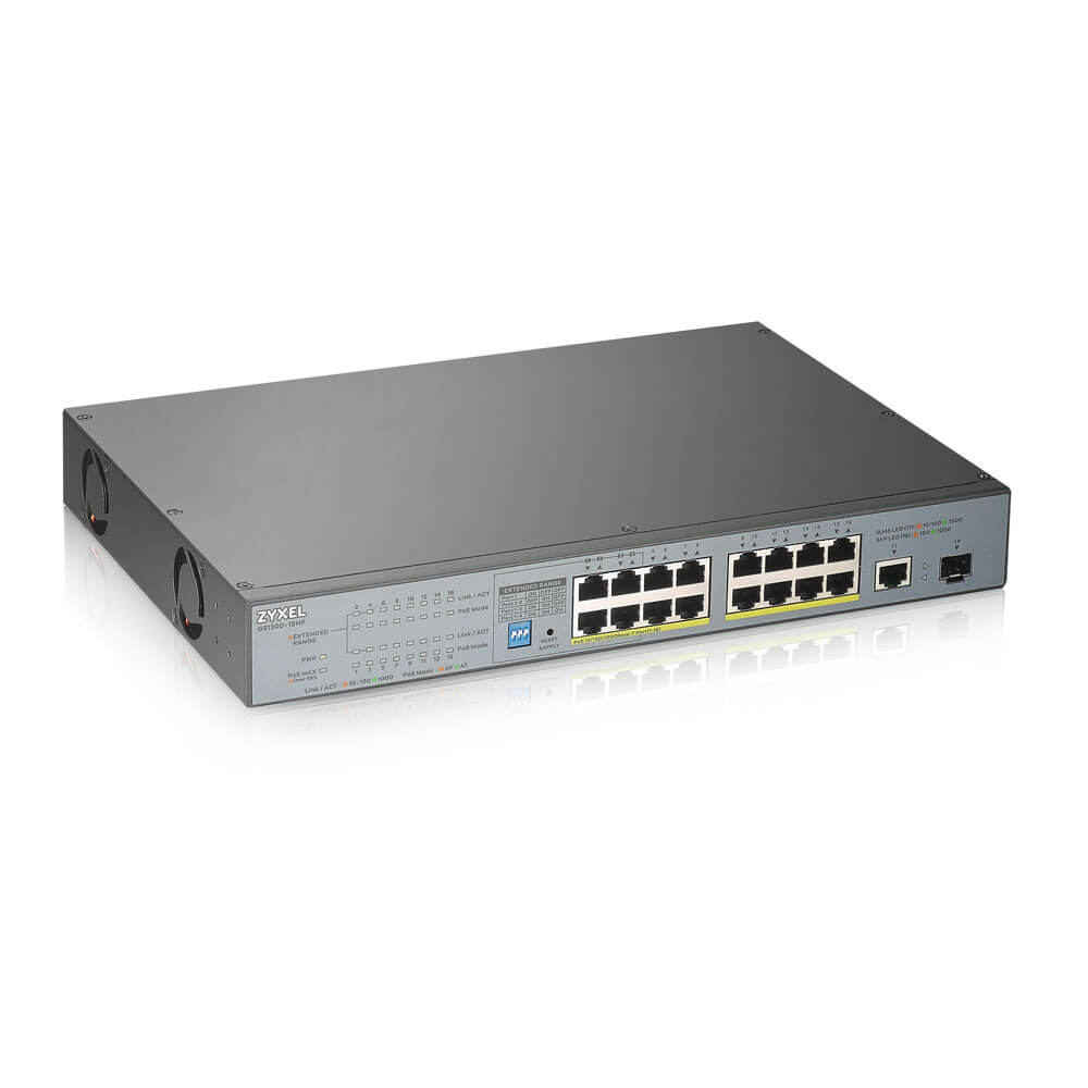GS1300-18HP-EU0101F gs1300-18hp poe+ switch for ip cameras, 17xge (16xpoe +), 1xsfp, poe budget of 170 w, power transmission distance up to 250 m, increased overvoltage and esd protection ZyXEL Santreyd  - Вид №2