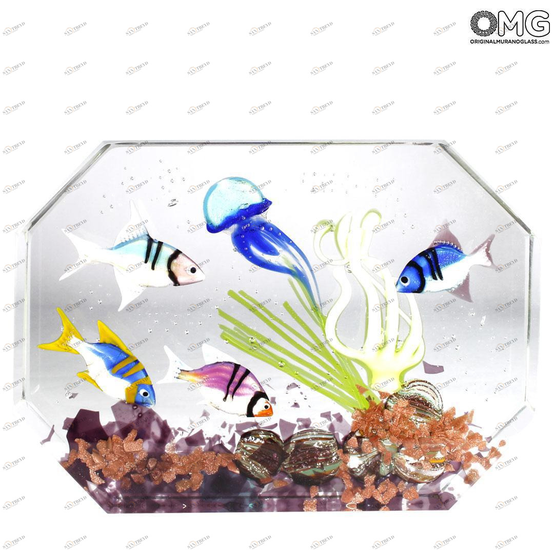 4786 ORIGINALMURANOGLASS Скульптура Аквариум с тропическими рыбками - муранское стекло OMG 20 см 