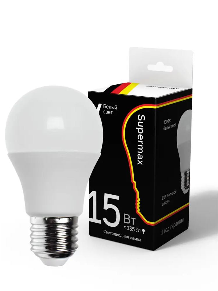 90717806 Лампа светодиодная SUPERMAX Sup_LED15wA60E2740 E27 220-230 В 15 Вт груша матовая 1200 Лм нейтральный белый свет STLM-0352517