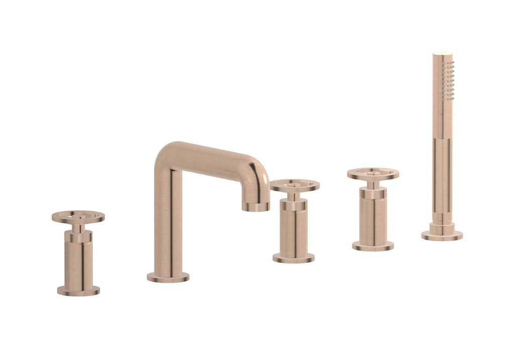 Смеситель на бортик ванной на 5 отверстий с дивертером и душевым гарнитуром. WE ARE IB b1396sr Brushed Rose Gold Bold