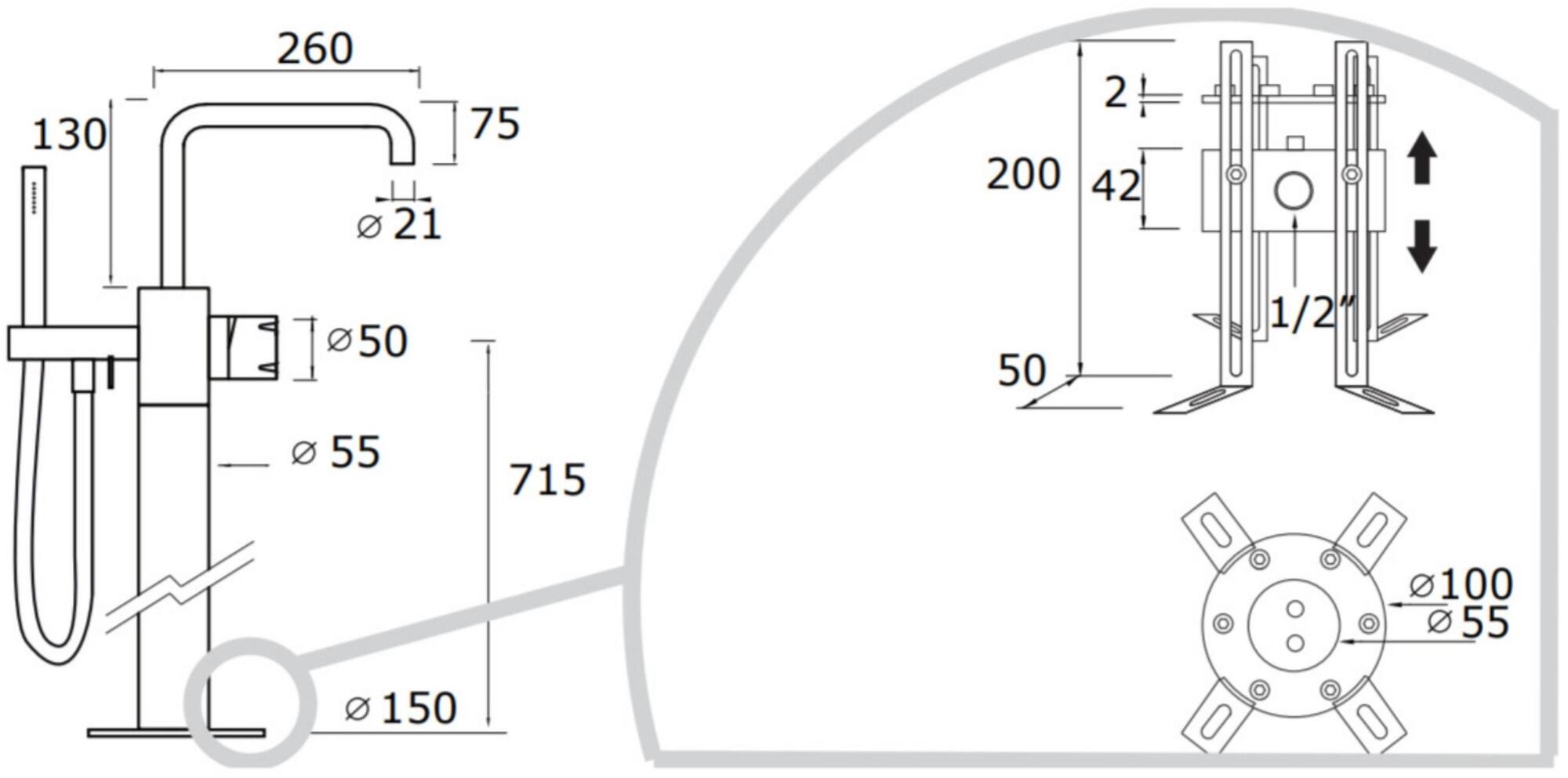 MINA Напольный смеситель для ванны из нержавеющей стали с ручным душем Synth 4780700t - Вид №1
