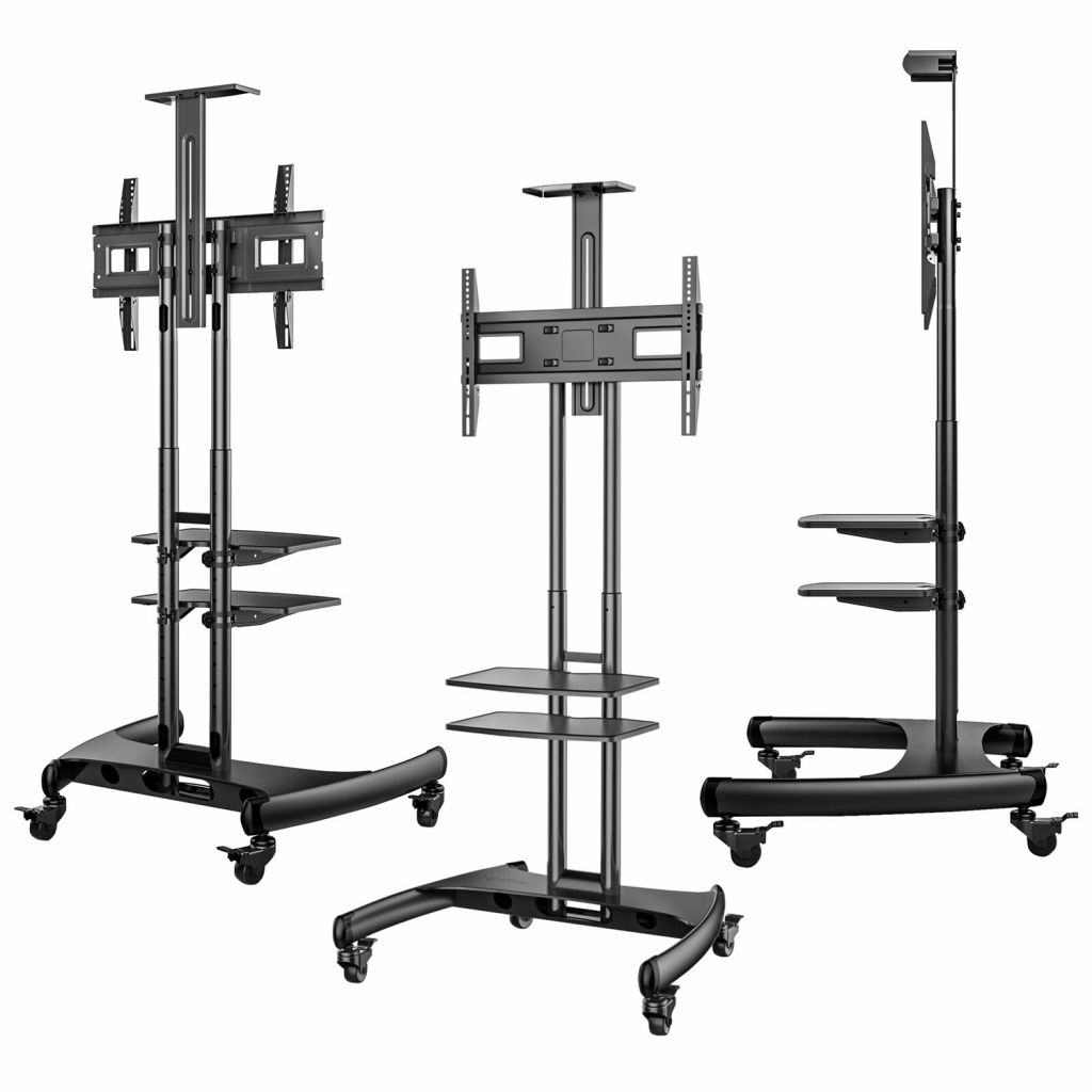 TS1562 BLACK Мобильная стойка на 1 тв/ 32-65" от 100х100 до 400х600 наклон 0º поворот 0º макс нагр 45,5кг высота 1030-1530мм, кабель-канал, 2 полки, регулировка полок по высоте, колесики с блокировкой, черная ONKRON Santreyd  - Вид №2